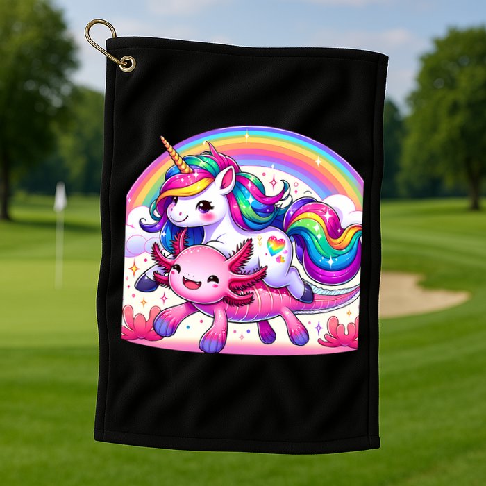 Unicorn Riding Axolotl Kawaii Rainbow Golf Towel