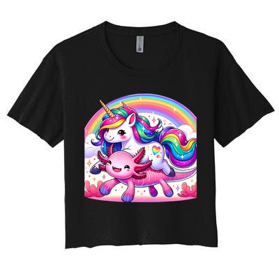 Unicorn Riding Axolotl Kawaii Rainbow Women's Crop Top Tee