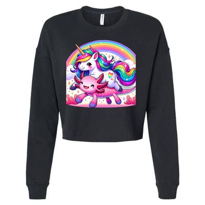 Unicorn Riding Axolotl Kawaii Rainbow Cropped Pullover Crew