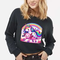 Unicorn Riding Axolotl Kawaii Rainbow Cropped Pullover Crew