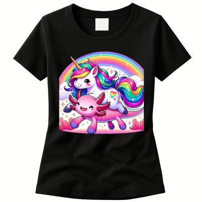 Unicorn Riding Axolotl Kawaii Rainbow Womens T-Shirt