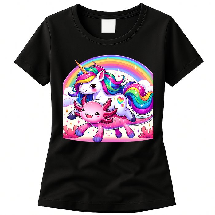 Unicorn Riding Axolotl Kawaii Rainbow Womens T-Shirt