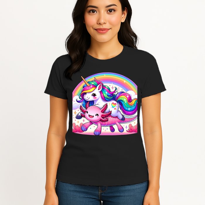Unicorn Riding Axolotl Kawaii Rainbow Womens T-Shirt