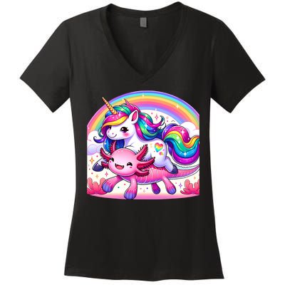 Unicorn Riding Axolotl Kawaii Rainbow Women's V-Neck T-Shirt