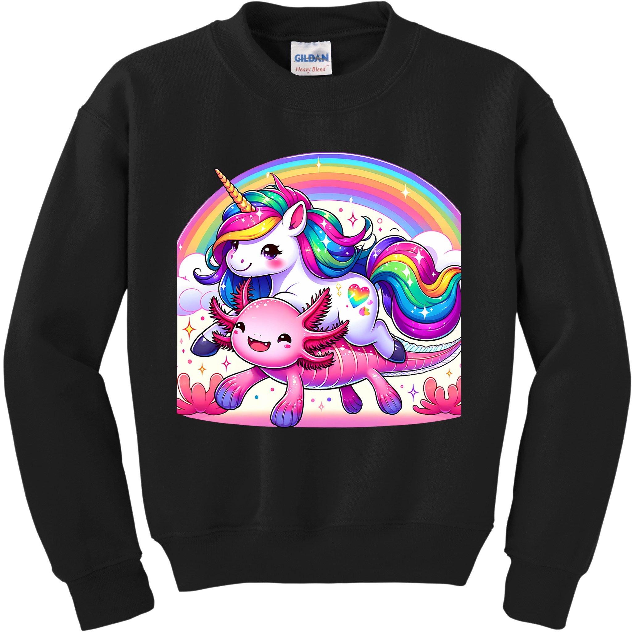 Unicorn Riding Axolotl Kawaii Rainbow Kids Sweatshirt