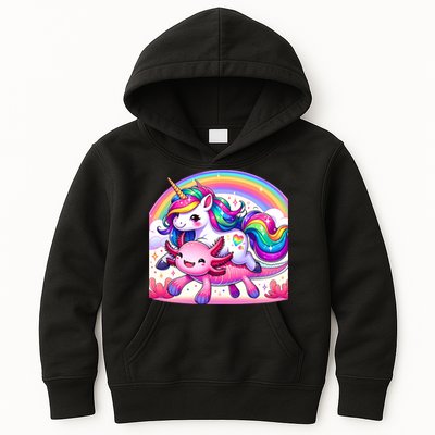 Unicorn Riding Axolotl Kawaii Rainbow Kids Hoodie