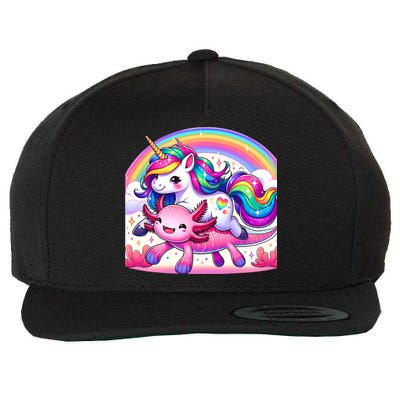 Unicorn Riding Axolotl Kawaii Rainbow Wool Snapback Cap