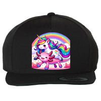 Unicorn Riding Axolotl Kawaii Rainbow Wool Snapback Cap