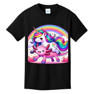 Unicorn Riding Axolotl Kawaii Rainbow Kids T-Shirt