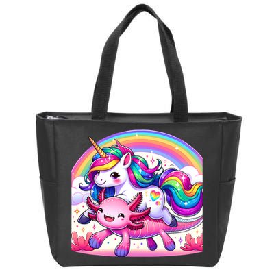 Unicorn Riding Axolotl Kawaii Rainbow Zip Tote Bag