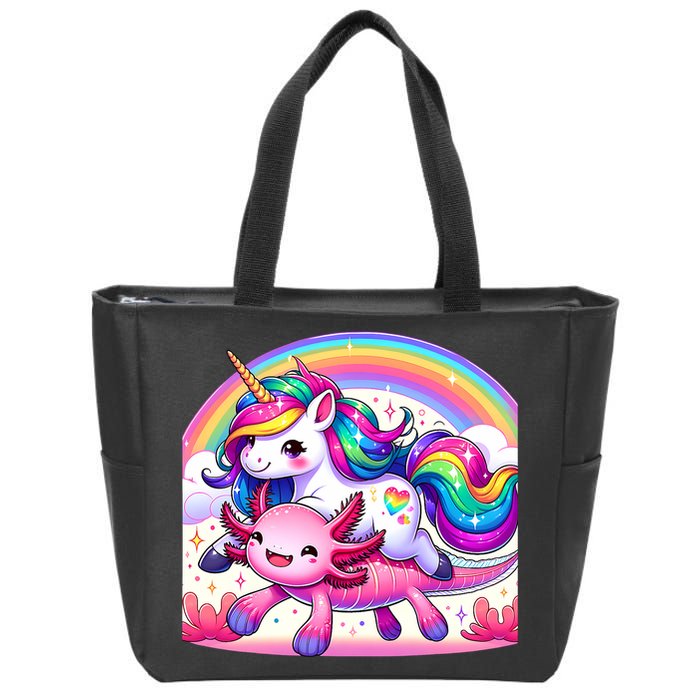 Unicorn Riding Axolotl Kawaii Rainbow Zip Tote Bag