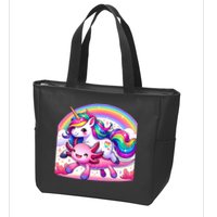Unicorn Riding Axolotl Kawaii Rainbow Zip Tote Bag