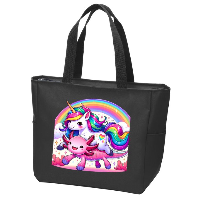 Unicorn Riding Axolotl Kawaii Rainbow Zip Tote Bag