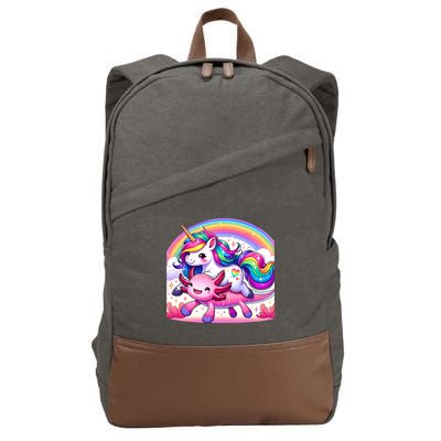 Unicorn Riding Axolotl Kawaii Rainbow Cotton Canvas Backpack