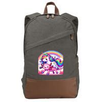 Unicorn Riding Axolotl Kawaii Rainbow Cotton Canvas Backpack