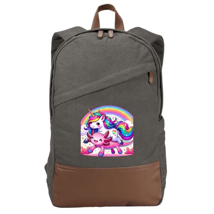 Unicorn Riding Axolotl Kawaii Rainbow Cotton Canvas Backpack