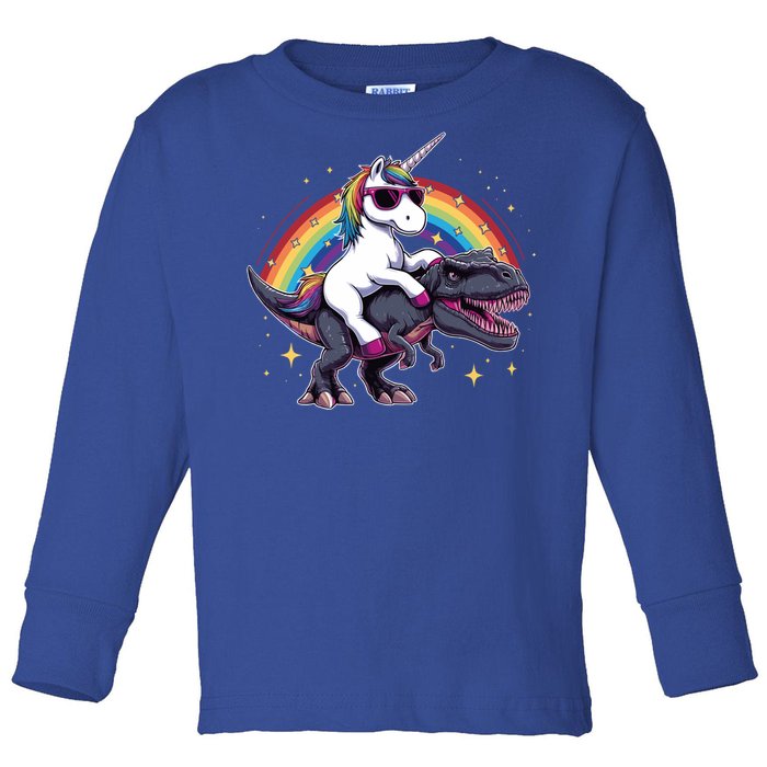 Unicorn Riding Dinosaur Funny Trex Gift Toddler Long Sleeve Shirt