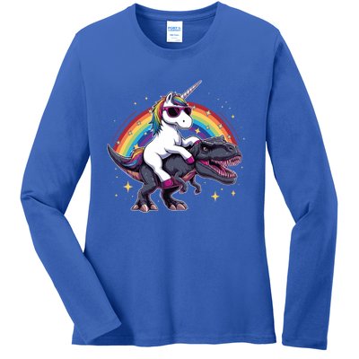 Unicorn Riding Dinosaur Funny Trex Gift Ladies Long Sleeve Shirt