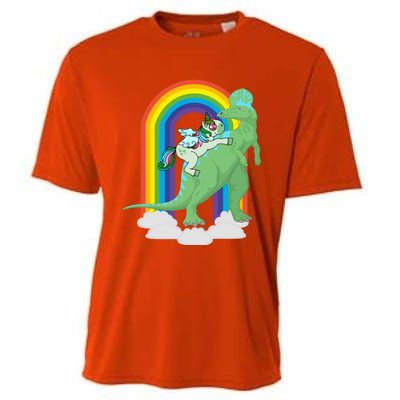 Unicorn Riding Dinosaur Gift Rainbow Gift Cooling Performance Crew T-Shirt