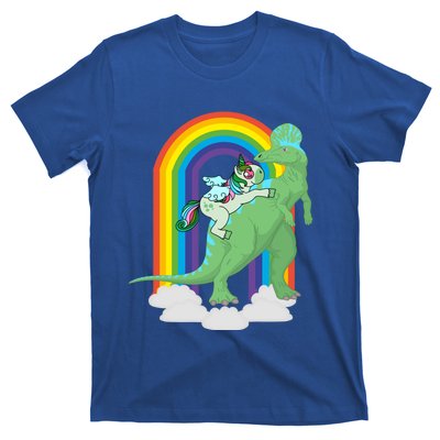 Unicorn Riding Dinosaur Gift Rainbow Gift T-Shirt