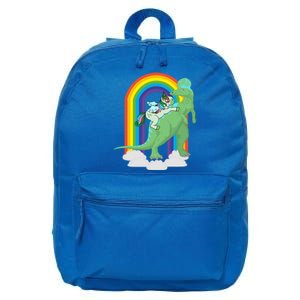 Unicorn Riding Dinosaur Gift Rainbow Gift 16 in Basic Backpack