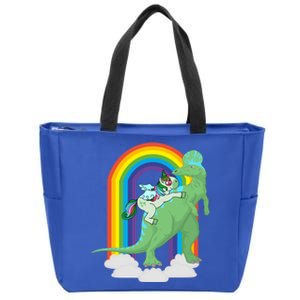 Unicorn Riding Dinosaur Gift Rainbow Gift Zip Tote Bag