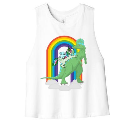 Unicorn Riding Dinosaur Gift Rainbow Gift Women's Racerback Cropped Tank