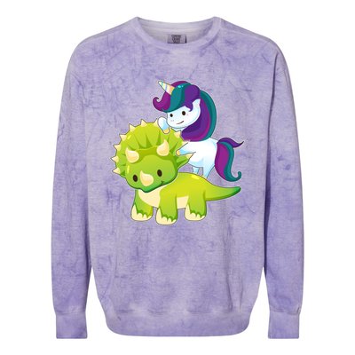 Unicorn Riding Dinosaur Funny Gift Triceratops Squad Gift Colorblast Crewneck Sweatshirt