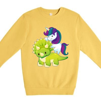 Unicorn Riding Dinosaur Funny Gift Triceratops Squad Gift Premium Crewneck Sweatshirt