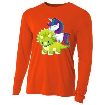 Unicorn Riding Dinosaur Funny Gift Triceratops Squad Gift Cooling Performance Long Sleeve Crew