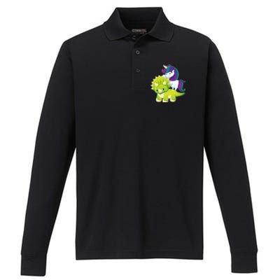 Unicorn Riding Dinosaur Funny Gift Triceratops Squad Gift Performance Long Sleeve Polo