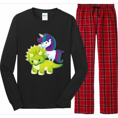 Unicorn Riding Dinosaur Funny Gift Triceratops Squad Gift Long Sleeve Pajama Set