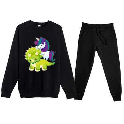 Unicorn Riding Dinosaur Funny Gift Triceratops Squad Gift Premium Crewneck Sweatsuit Set