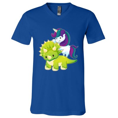 Unicorn Riding Dinosaur Funny Gift Triceratops Squad Gift V-Neck T-Shirt