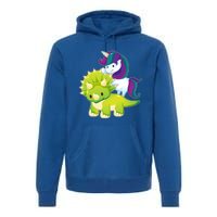 Unicorn Riding Dinosaur Funny Gift Triceratops Squad Gift Premium Hoodie