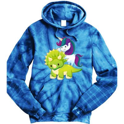 Unicorn Riding Dinosaur Funny Gift Triceratops Squad Gift Tie Dye Hoodie