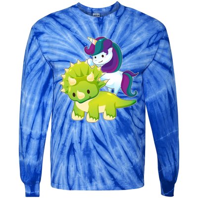 Unicorn Riding Dinosaur Funny Gift Triceratops Squad Gift Tie-Dye Long Sleeve Shirt