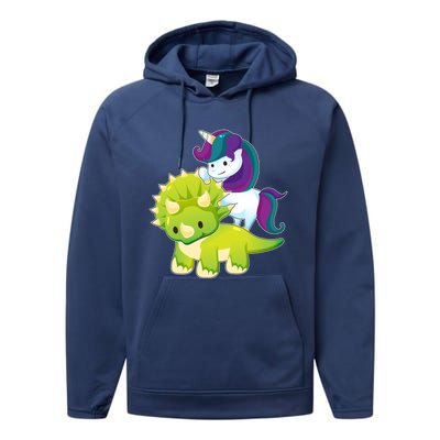 Unicorn Riding Dinosaur Funny Gift Triceratops Squad Gift Performance Fleece Hoodie