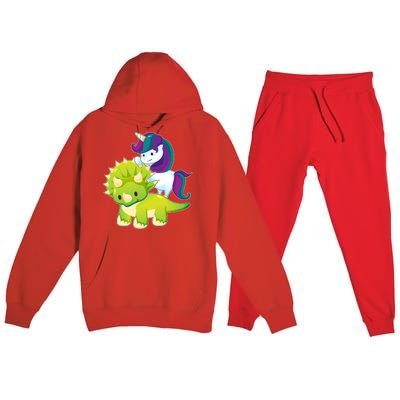 Unicorn Riding Dinosaur Funny Gift Triceratops Squad Gift Premium Hooded Sweatsuit Set