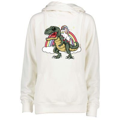 Unicorn Riding Dinosaur Gift Trex Lover Rainbow Womens Funnel Neck Pullover Hood