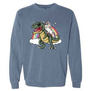 Unicorn Riding Dinosaur Gift Trex Lover Rainbow Garment-Dyed Sweatshirt