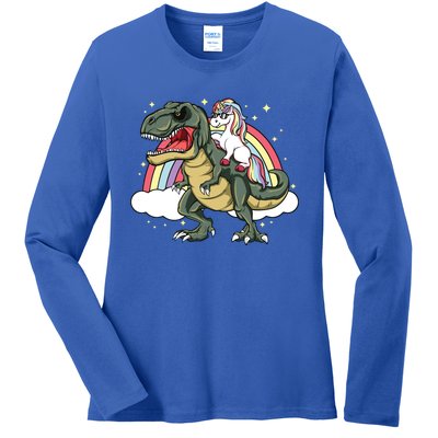 Unicorn Riding Dinosaur Gift Trex Lover Rainbow Ladies Long Sleeve Shirt