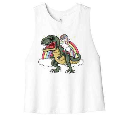 Unicorn Riding Dinosaur Gift Trex Lover Rainbow Women's Racerback Cropped Tank