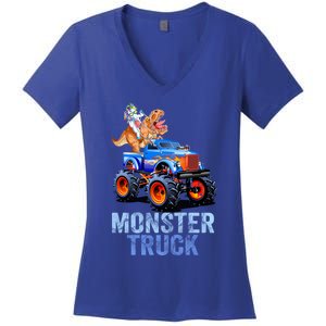 Unicorn Riding Dinosaur Monster Truck Monster Cool Engines Gift Women's V-Neck T-Shirt