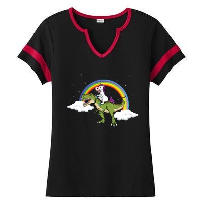 Unicorn Riding Dinosaur Rainbow Magical T Rex Gift Ladies Halftime Notch Neck Tee