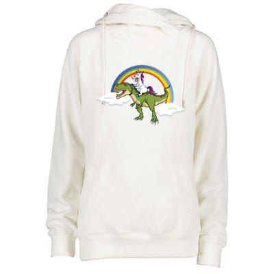 Unicorn Riding Dinosaur Rainbow Magical T Rex Gift Womens Funnel Neck Pullover Hood