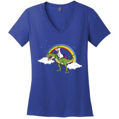 Unicorn Riding Dinosaur Rainbow Magical T Rex Gift Women's V-Neck T-Shirt