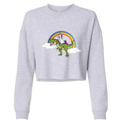 Unicorn Riding Dinosaur Rainbow Magical T Rex Gift Cropped Pullover Crew