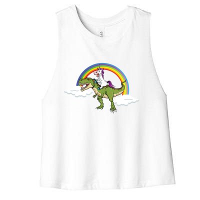 Unicorn Riding Dinosaur Rainbow Magical T Rex Gift Women's Racerback Cropped Tank