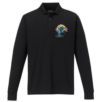 Unicorn Riding Dinosaur Rex Christmas Gift Birthday Gift Performance Long Sleeve Polo